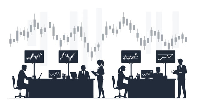 Silhouettes of a team of financial traders working in an office with large candlestick charts on display screens