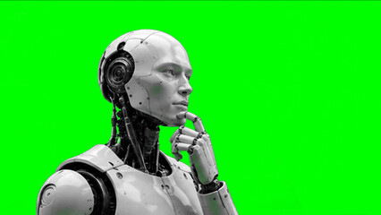Naklejka premium Humanoid Robot Thinking on Green Screen Background