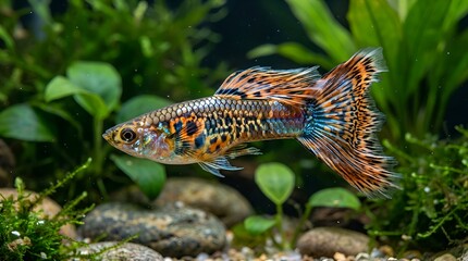 Fototapeta premium Vibrant Guppy Fish Swimming in Lush Aquarium Plants, Detailed Fins and Scales