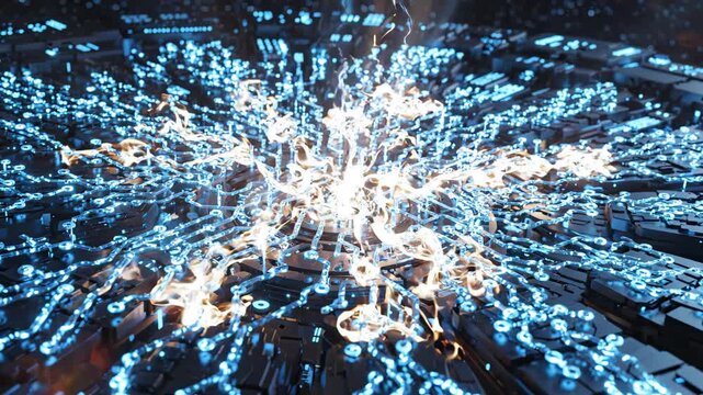 Futuristic Circuit Board with Glowing Data Flow and Digital Explosion Effect