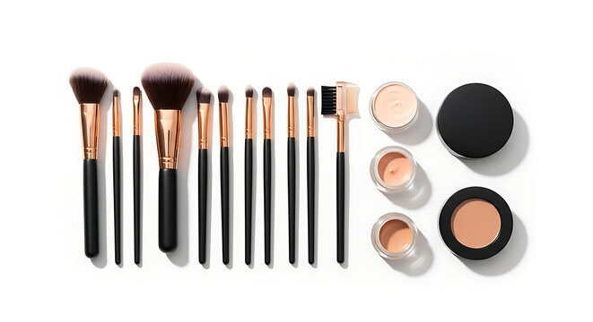 Makeup brushes and cosmetics on white surface
