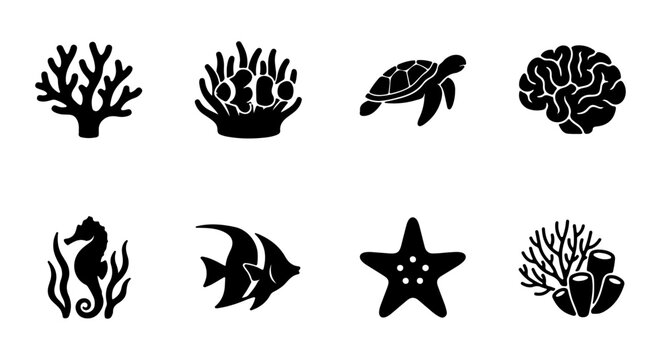Ocean Life Icons Set: Coral, Sea Turtle, Seahorse, Fish, Starfish, Brain Coral Vector Graphics