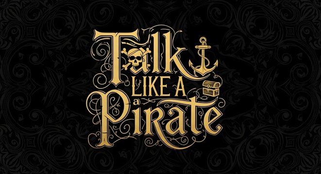 Pirate themed typographic design with golden text  Talk like a Pirate Day