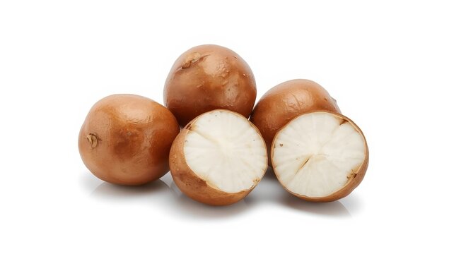 Fresh water chestnuts, spherical brown corms with crunchy white interiors, set against a clean white backdrop.