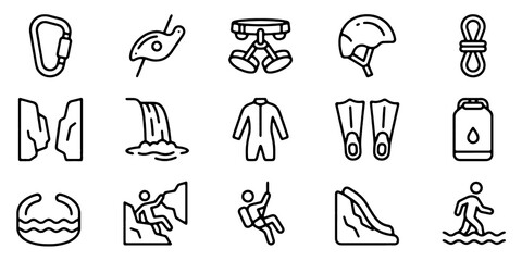 Fototapeta premium Outdoor Adventure Gear Icons Set. Extreme Sports Equipment, Climbing, Water Sports and Camping Vector Illustration on Transparent Background.