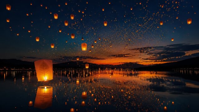 A wide angle view showing countless paper lanterns floating on a calm lake at night, with the silhouettes of distant mountains under a dark sky