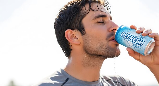 Man drinking cold beer on a hot sunny day