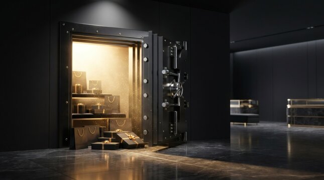 Open bank vault door with interior shelving and gold bars at night, security