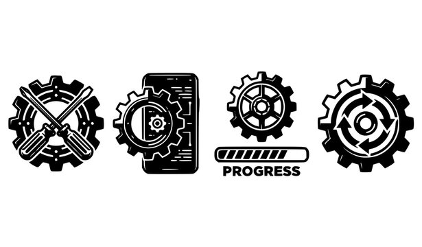 Technical setup and update glyph icon series with solid black vector shapes