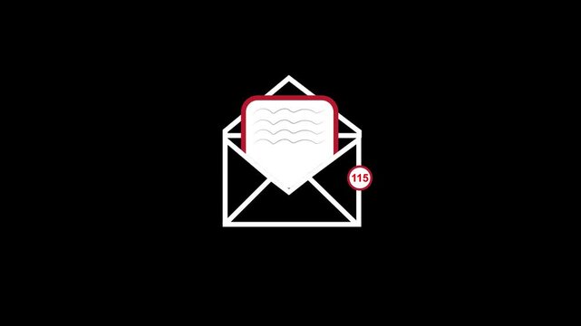Mail icon, email icon message icon receiving and sending animation with envelope isolated on black, Gmail sent inbox notification icon 