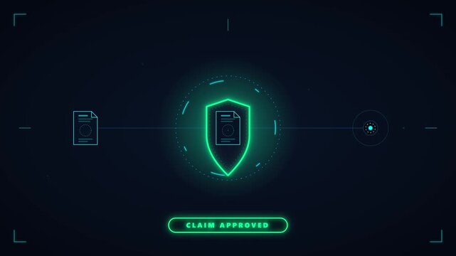 Digital claim approved interface with shield and document verification motion