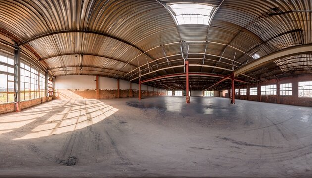 empty warehouse interior in hdri panorama format with natural lighting and rustic aesthetic