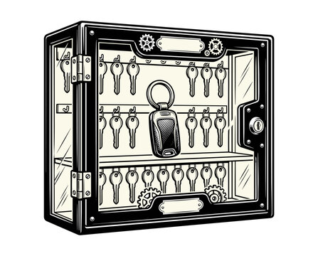 Key cabinet with keys. Vintage ink illustration. Security and organization concept. For t-shirt print or apparel design. Suitable for logo and branding.