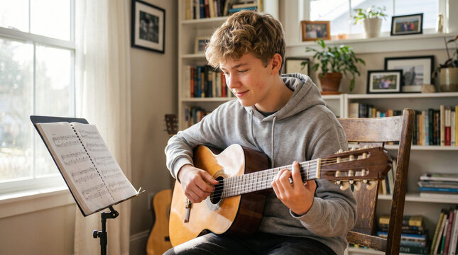 Teen practicing guitar chords, focused and creative, in a sunlit room