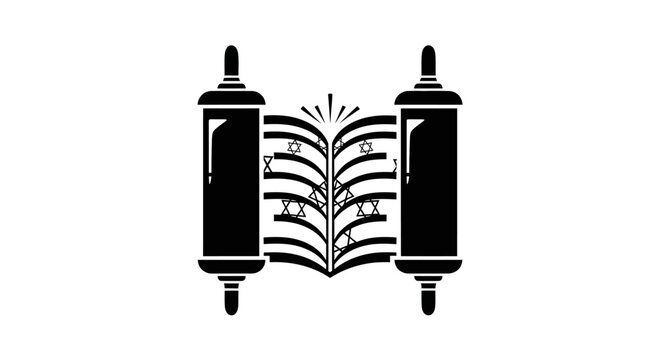 Black and white silhouette illustration of a Torah scroll.