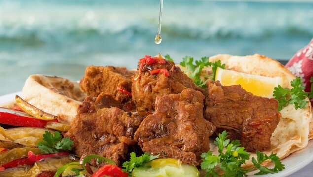 Combination of deep-fried beef brain and liver in traditional Egyptian flatbread, accompanied by parsley, green pepper, pickled eggplant, and cucumber.