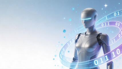 Fototapeta premium Humanoid Figure Robot AI Artificial Intelligence And Data Visualization Future Tech Machine Learning Concept