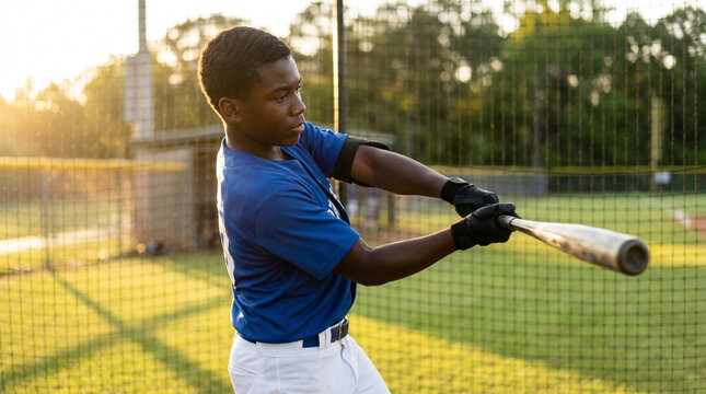 Youth black baseball player practicing swing with bat in batting cage during sunset