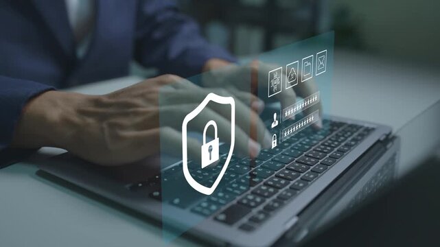 AI cybersecurity concept. Person using laptop with artificial intelligence and cybersecurity icons, intelligent threat detection, network protection, data security and cyber defense.