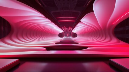 Fototapeta premium Futuristic corridor. Pink lighting creates dramatic curves, leading eyes toward distant glow. Minimalist design, sleek surfaces dominate space.