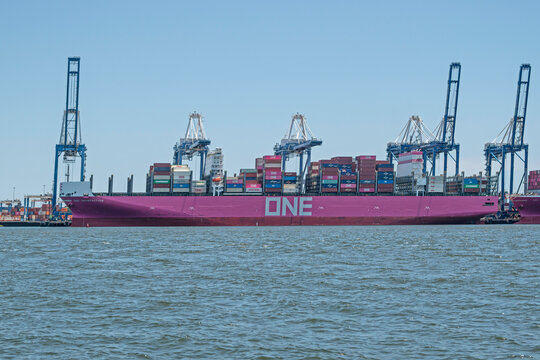 The Ocean Network Express container ship Satisfaction moored at Wando Welch Terminal in Charleston Harbor, SC, USA on July 03, 2026.