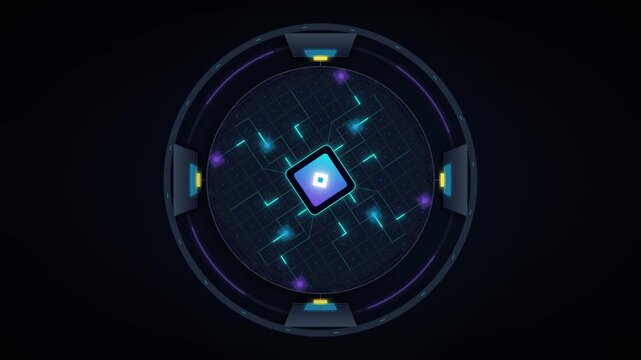 Futuristic digital processor interface with glowing data circuitry and hud technology