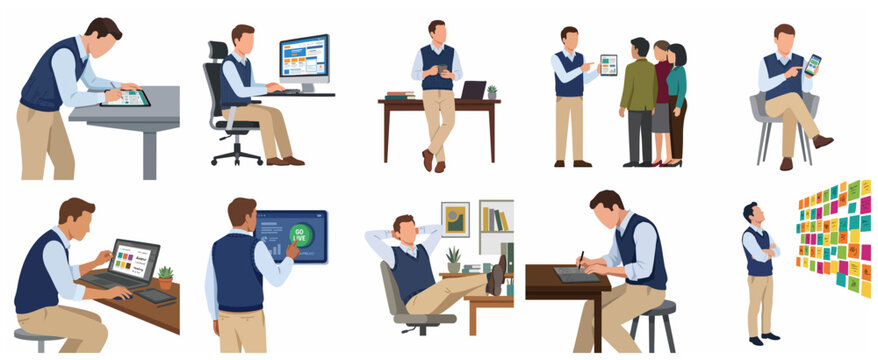 Collection of Businessman Illustrations in Various Office Scenarios and Professional Work Activities