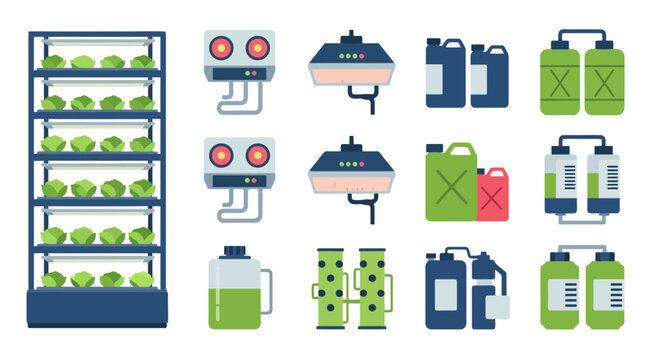 Illustration of a vertical farm system with hydroponic equipment, including grow lights, nutrient tanks, and control panels for indoor plant cultivation.