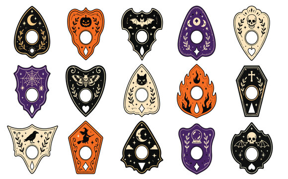 Halloween spirit board planchette set with occult symbols