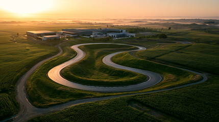 Fototapeta premium Aerial view of winding asphalt race track cutting through green agricultural fields with industrial skyline at sunrise golden hour