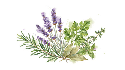 Fototapeta premium Watercolor bouquet of fresh lavender, rosemary, and green herbs isolated on a transparent background