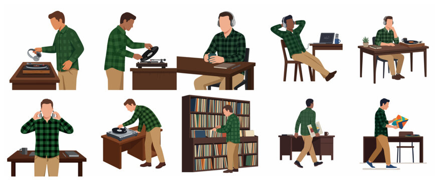 Audiophile man character set listening to music and collecting vinyl records on turntable