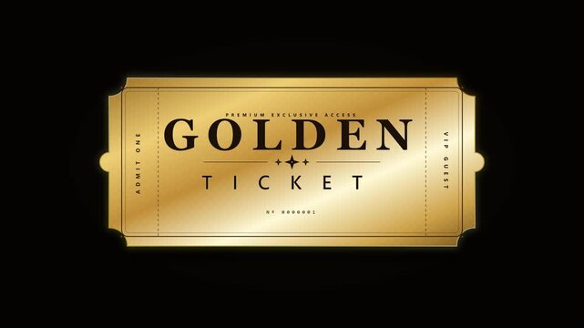 Golden ticket exclusive access pass animation on black background, luxury