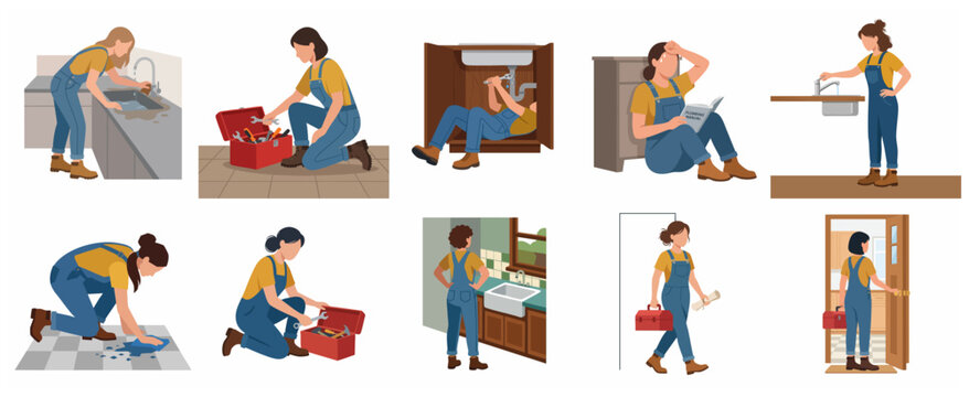 Professional Female Plumber Character Set Illustrations for Home Maintenance and Repair Services