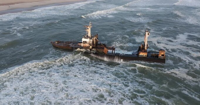 Aerial view of the Zeila shipwreck on the Skeleton Coast in Namibia, southwest Africa.	