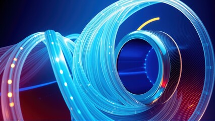 Fototapeta premium Abstract light trails form swirling shapes. Blue dominates with red accents, creating dynamic visual effect. Modern, energetic composition.