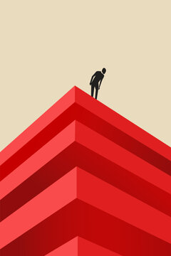 Businessman on top looking down from building. Business crisis, depression or burnout syndrome vector concept. Symbol of stress, recession
