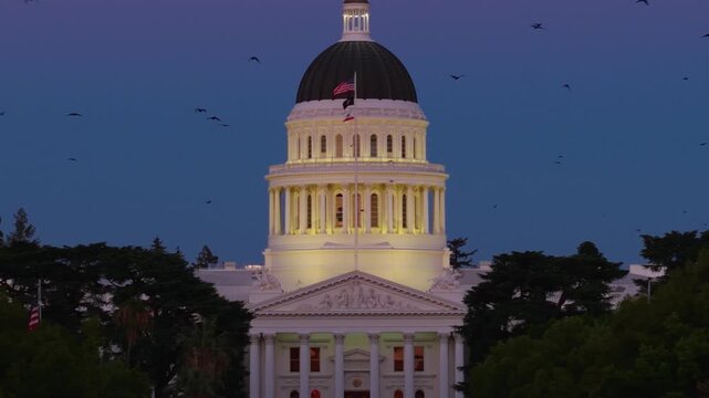Watch as the California State Capitol is illuminated at night. The annex can be seen under construction in the east side.