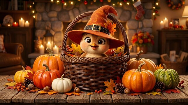 Cute little bird wearing a witch hat sitting in a rustic basket surrounded by autumn pumpkins