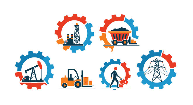 Set of industrial and logistics themed icons featuring factories, mining trucks, oil pumps, and power lines inside colorful mechanical gears.