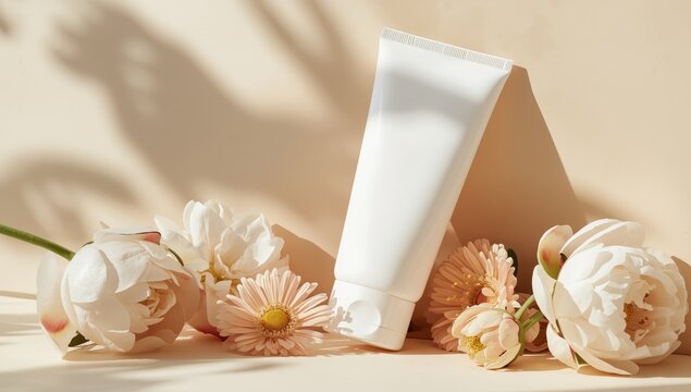 Natural face cream tube on a beige floral backdrop. Aesthetic and beauty care concept. Design image.