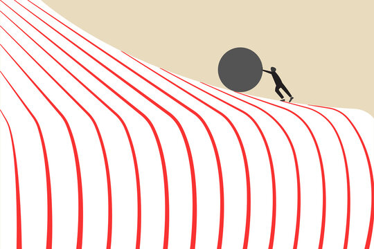 Businessman pushing a white ball up a steep hill, concept of struggle, hard work, perseverance, and challenge