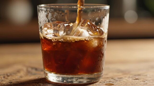 Slow motion pour of whiskey over ice cubes in a rocks glass on wooden bar counter