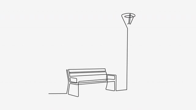 Continuous line drawing animation of park bench and street lamp exterior.