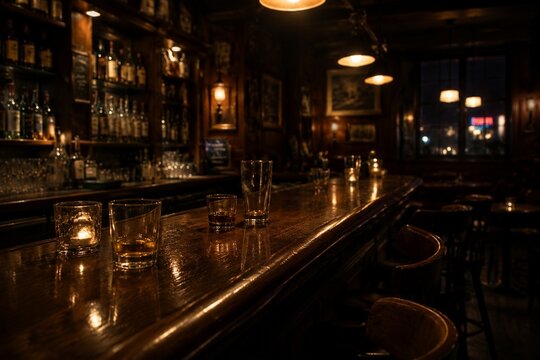 An empty wooden bar at night with scattered glasses under warm lighting.