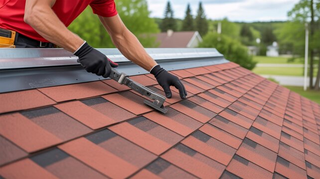 Professional roofer installing new asphalt shingles on a residential roof with shingles installation construction maintenance renovation cladding.