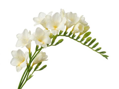 Beautiful white freesia flower stem with green buds blooming in spring isolated on white background