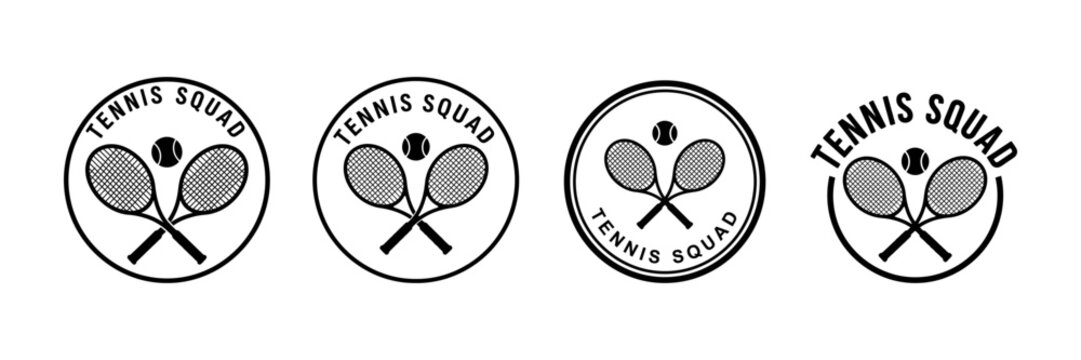 Tennis squad emblem set featuring crossed rackets and ball in circular frames.