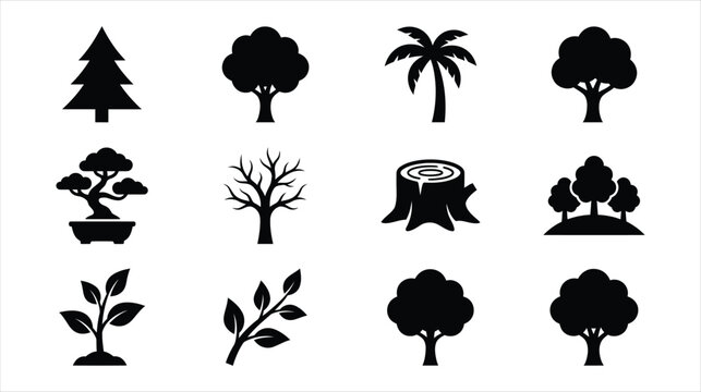 Tree silhouettes, diverse plant icons, forest elements, nature vector collection
