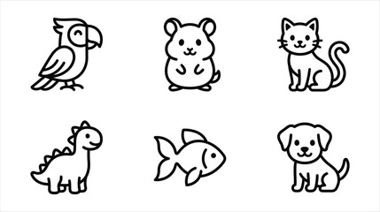 Obraz premium Cute animal vector icon set, adorable pet illustrations, simple line art, kawaii style graphics